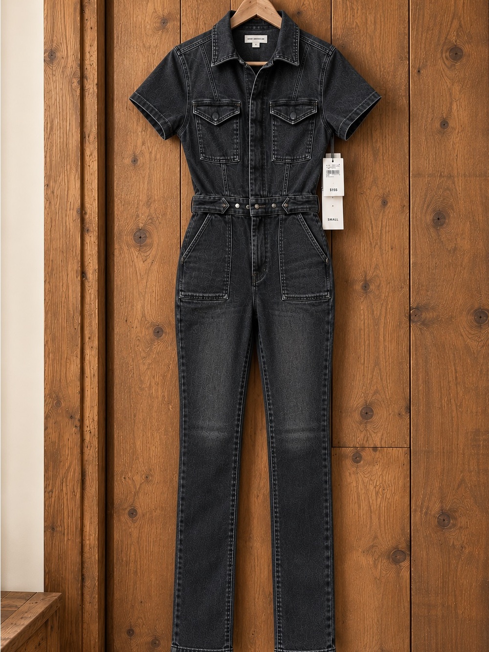 Good American Black Short-Sleeve Denim Utility Jumpsuit NWT Size Small $155 MSRP - Picture 3 of 3